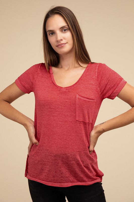 Basic Washed Melange Burnout Scoop V-Neck Top - 1985 the VAULT Boutique