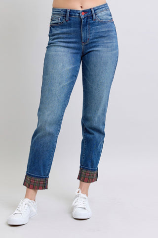 Judy Blue Full Size Plaid Print Cuff Straight Leg Jeans with Pockets - 1985 the VAULT Boutique