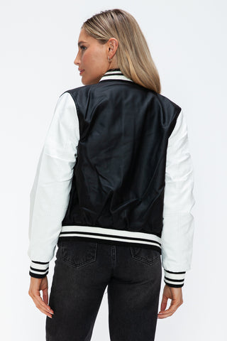 Love Me Now PU Leather Contrast Snap Down Bomber Jacket - 1985 the VAULT Boutique