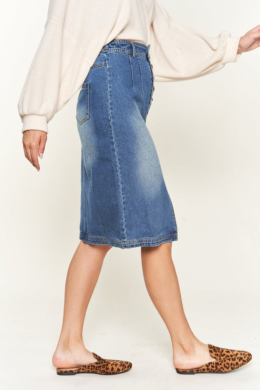 Denim Button Down Front Midi Skirt - 1985 the VAULT Boutique