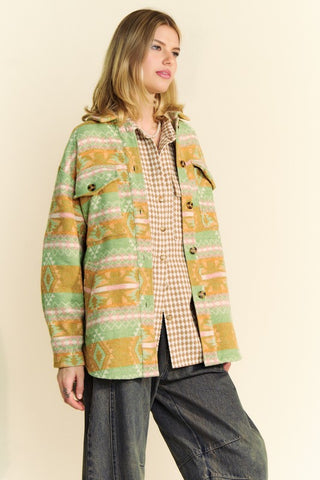 Davi & Dani High-Low Geometric Long Sleeve Shacket with Pockets - 1985 the VAULT Boutique