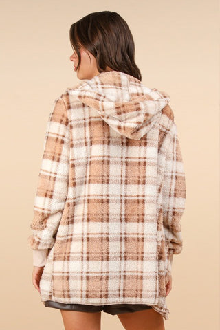 VERY J Fuzzy Plaid Long Sleeve Hooded Jacket - 1985 the VAULT Boutique