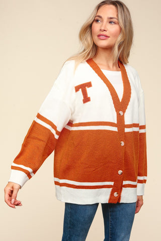 Haptics Full Size V Neck Button Down Letter Patch Cardigan - 1985 the VAULT Boutique