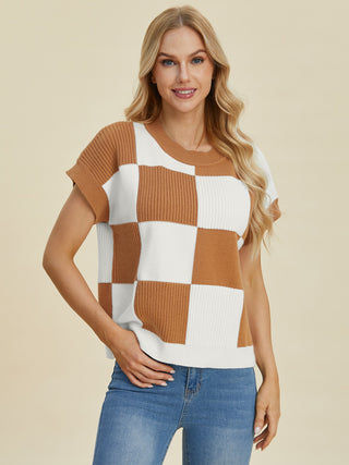 Double Take Full Size Checkered Round Neck Short Sleeve Sweater - 1985 the VAULT Boutique