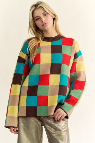 Davi & Dani Color Block Checkered Dropped Shoulder Sweater - 1985 the VAULT Boutique