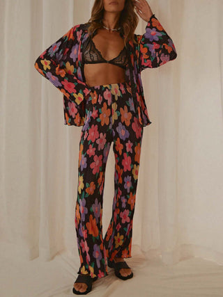 Printed Collared Neck Long Sleeve Top and Pants Lounge Set - 1985 the VAULT Boutique