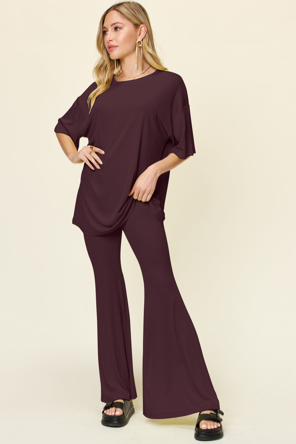 Double Take Full Size Round Neck Drop Shoulder T-Shirt and Flare Pants Set - 1985 the VAULT Boutique