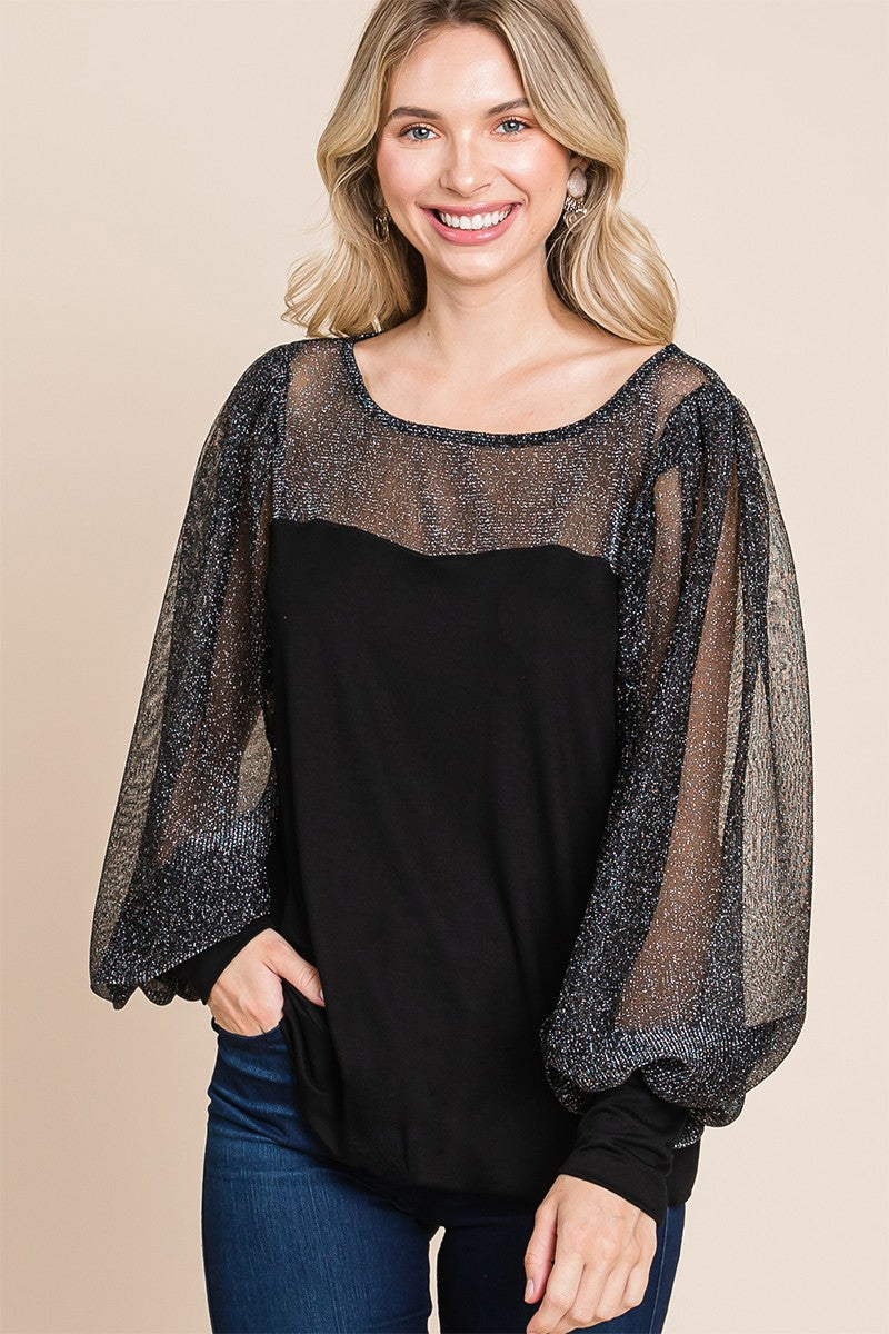 Super Lady Full Size Metallic Mesh Lantern Sleeve Blouse - 1985 the VAULT Boutique