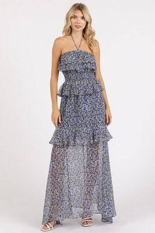 Mittoshop Ruffled Smocked Floral Halter Neck Maxi Dress - 1985 the VAULT Boutique