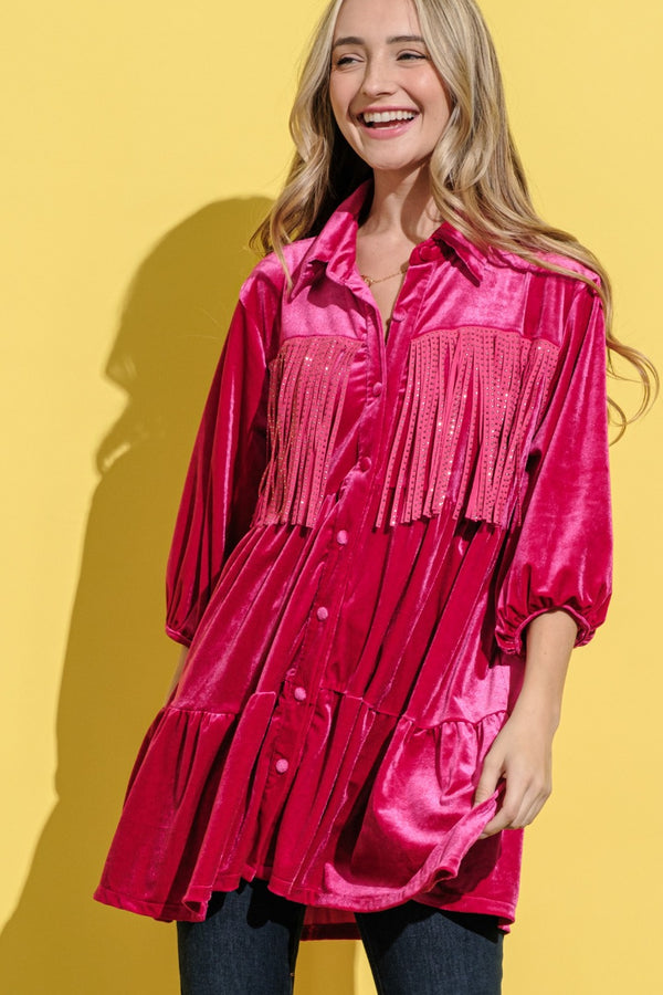 And The Why Fringe Detailed Velvet Shirt Dress - 1985 THE VAULT