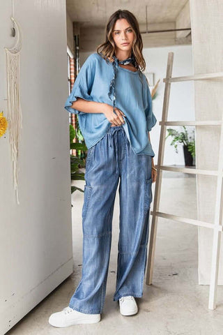 Mittoshop Washed Elastic Waist Cargo Wide Leg Pants - 1985 the VAULT Boutique