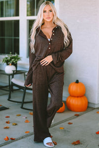 Buttoned Long Sleeve Top and Long Pants Lounge Set - 1985 the VAULT Boutique