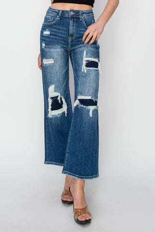 Risen Full Size High Rise Patch Detailed Wide Leg Crop Jeans - 1985 the VAULT Boutique