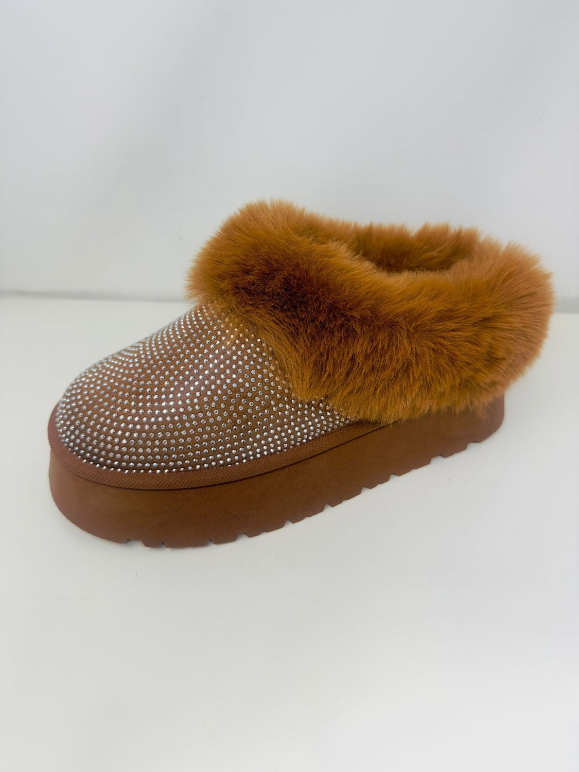 WILD DIVA Embellished Faux Fur Platform Booties in Chestnut