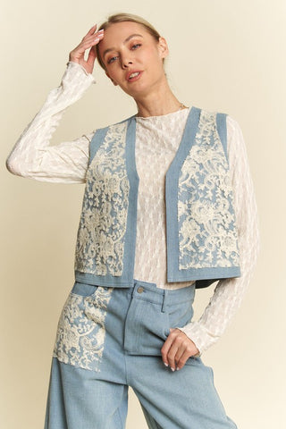 Davi & Dani Lace Patch Open Front Denim Vest - 1985 the VAULT Boutique