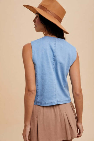 Annie Wear Button Down V-Neck Denim Vest - 1985 the VAULT Boutique