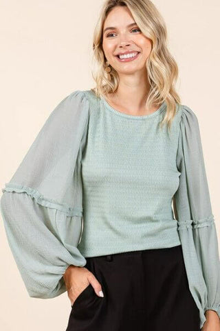 Mittoshop Mixed Media Textured Knit Chiffon Long Sleeve Top - 1985 the VAULT Boutique