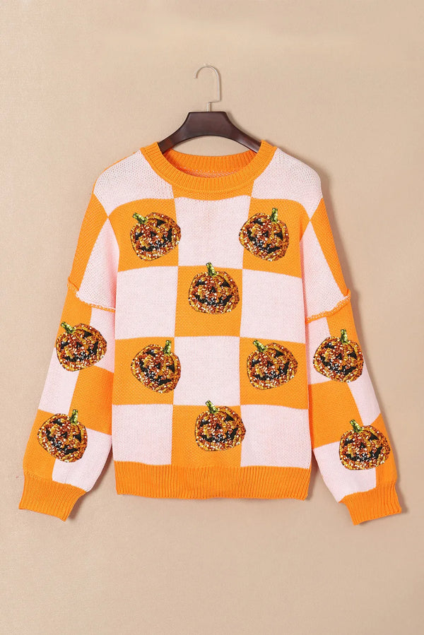 Pumpkin Checkered Round Neck Long Sleeve Sweater - 1985 the VAULT Boutique