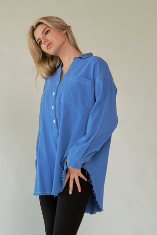 Davi & Dani Letter Back Raw Hem Half Button Shirt - 1985 the VAULT Boutique