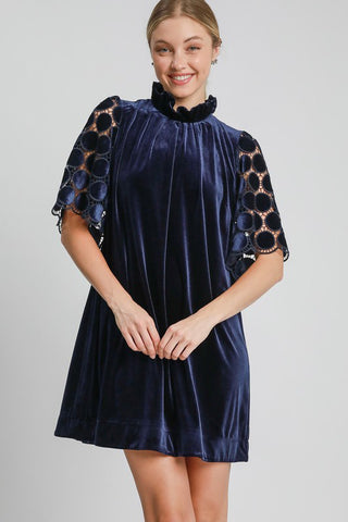 Umgee Dotted Lace Half Sleeve Mock Neck Back Tie Velvet Dress - 1985 the VAULT Boutique