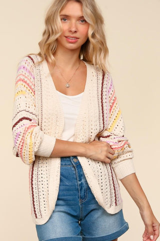 Haptics Full Size Striped Crochet Open Front Cardigan - 1985 the VAULT Boutique