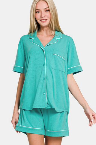 Zenana Button Down Short Sleeve Top and Shorts Lounge Set - 1985 the VAULT Boutique