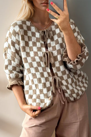 Double Take Tied Checkered Dropped Shoulder Flounce Sleeve Cardigan - 1985 the VAULT Boutique