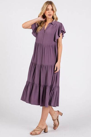 Mittoshop Ruffle Sleeve Collared V Neck Tiered Midi Dress - 1985 the VAULT Boutique