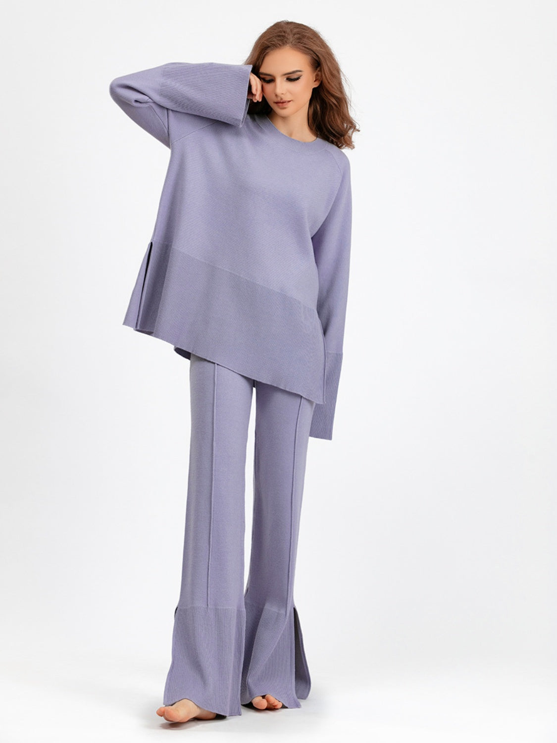 Basic Bae Slit Round Neck Long Sleeve Top and Drawstring Pants Sweater Set - 1985 the VAULT Boutique