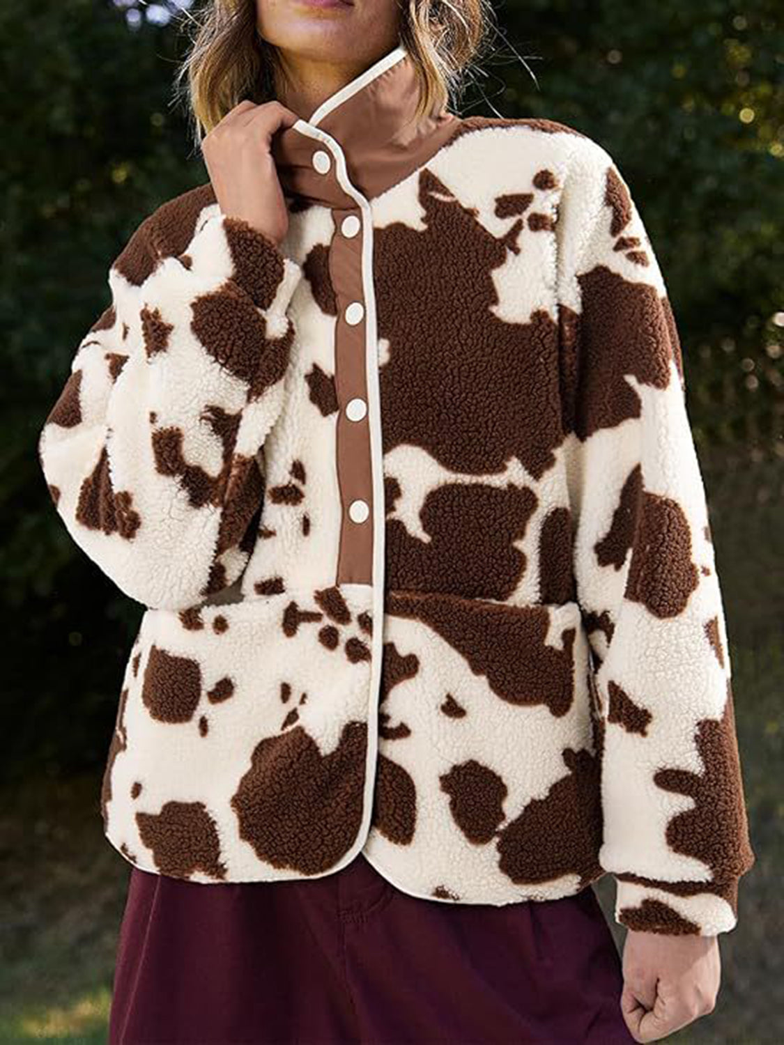 Cow Animal Pocketed Half Snap Sherpa Jacket