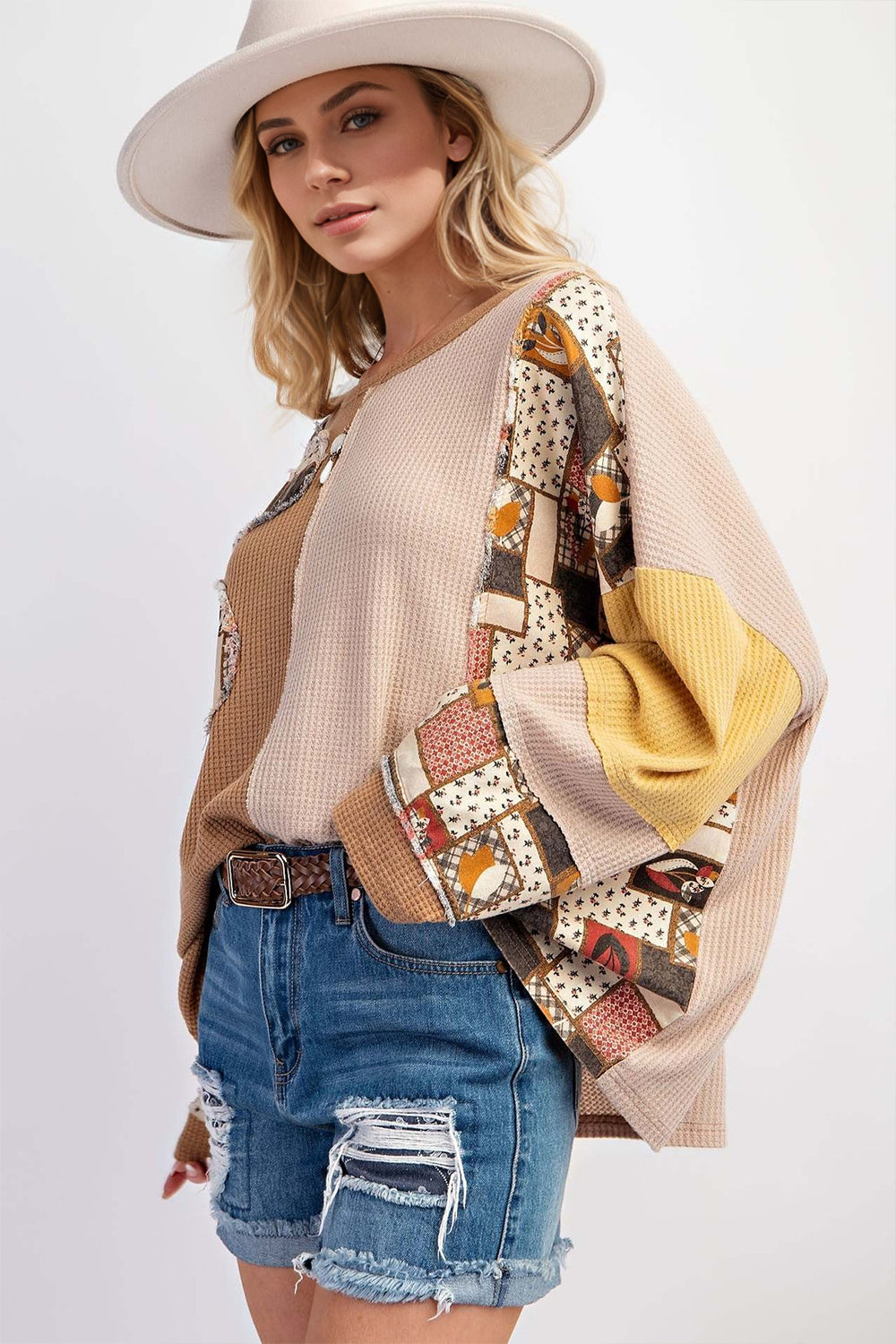 Waffle-Knit Color Block Long Sleeve Sweatshirt