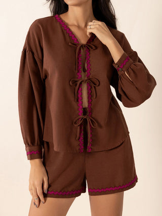 Tied V-Neck Long Sleeve Top and Shorts Set - 1985 the VAULT Boutique