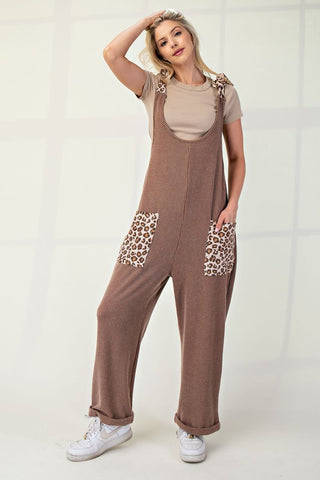 Celeste Full Size Ribbed Leopard Tied Shoulder Overalls - 1985 the VAULT Boutique