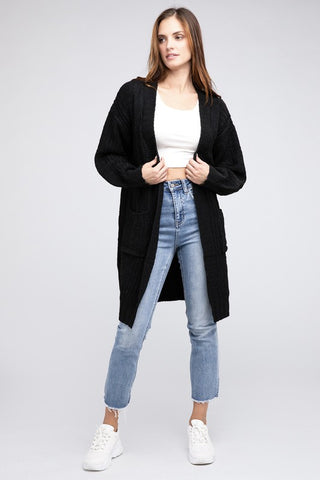 Twist Knitted Open Front Cardigan With Pockets - 1985 the VAULT Boutique