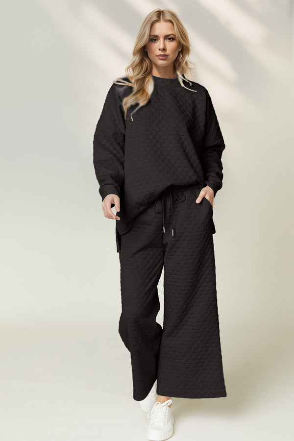 Double Take Checkered Slit High-Low Round Neck Top and Wide Leg Pants Set - 1985 the VAULT Boutique