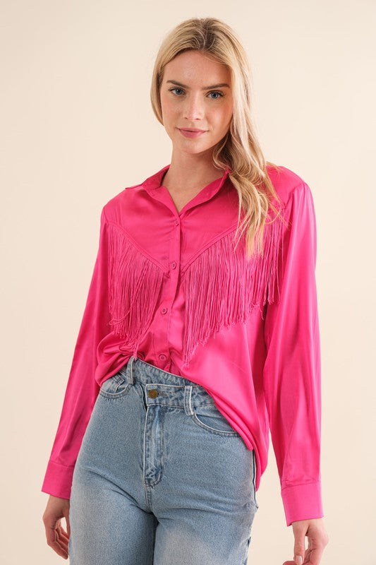 Satin Shirt Blouse with Chevron Fringe - 1985 the VAULT Boutique