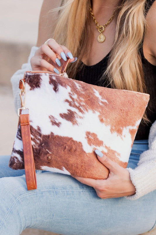 Faux Fur Cow Animal Print Clutch - 1985 the VAULT Boutique