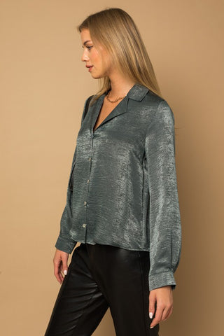 L/S Button Down Satin Blouse Top - 1985 the VAULT Boutique