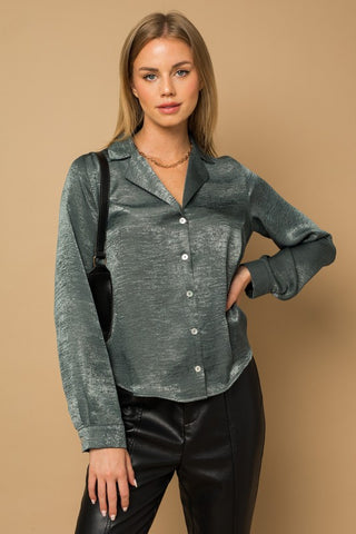 L/S Button Down Satin Blouse Top - 1985 the VAULT Boutique