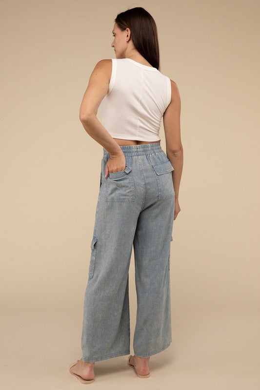 Washed Linen Elastic Band Waist Cargo Pants - 1985 the VAULT Boutique