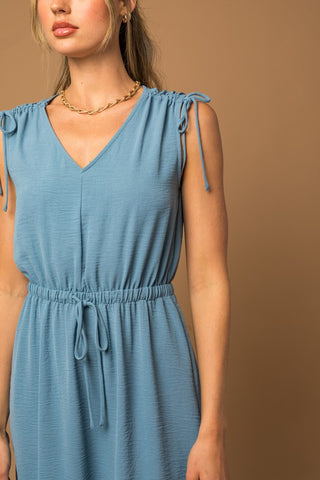 Sleeveless V-neck Shoulder Ruching Mini Dress - 1985 the VAULT Boutique