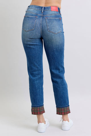 Judy Blue Full Size Plaid Print Cuff Straight Leg Jeans with Pockets - 1985 the VAULT Boutique