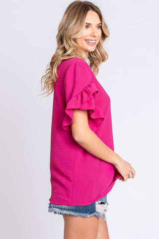 GeeGee V-Neck Ruffle Trim Short Sleeve Blouse - 1985 the VAULT Boutique