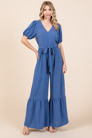 GeeGee Full Size V-Neck Belted Wide Leg Jumpsuit - 1985 the VAULT Boutique