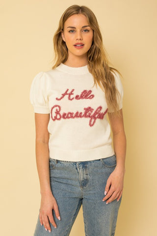 Hello Beautiful Short Sleeve Sweater Top - 1985 the VAULT Boutique