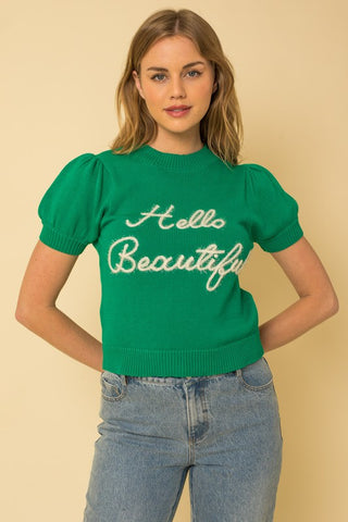 Hello Beautiful Short Sleeve Sweater Top - 1985 the VAULT Boutique