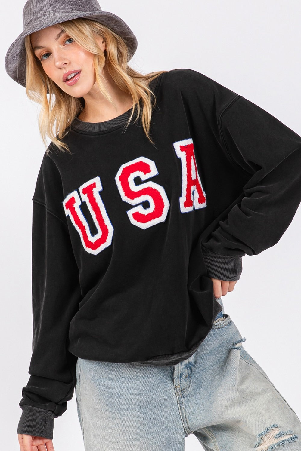 Sage + Fig USA Letter Patch Round Neck Sweatshirt - 1985 the VAULT Boutique