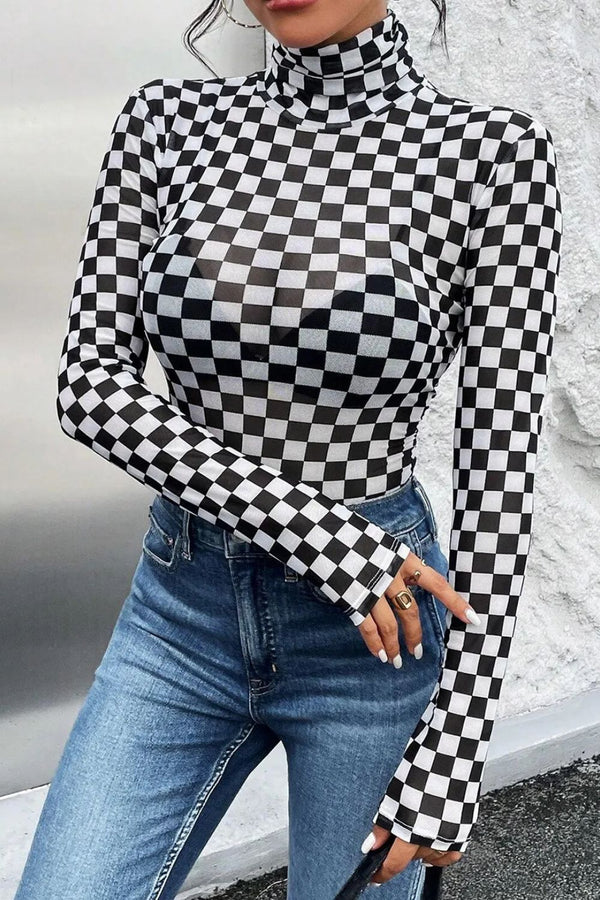 Checkered Turtleneck Long Sleeve Bodysuit - 1985 the VAULT Boutique