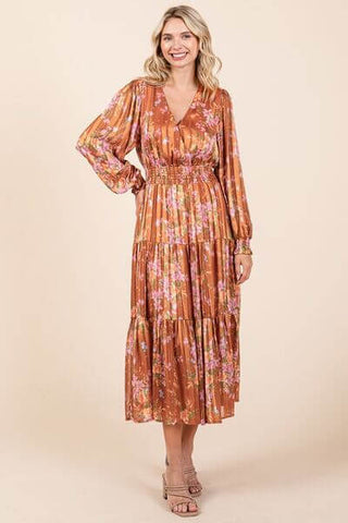 Mittoshop Flower Print Satin Lurex Stripe Smocked Midi Dress - 1985 the VAULT Boutique