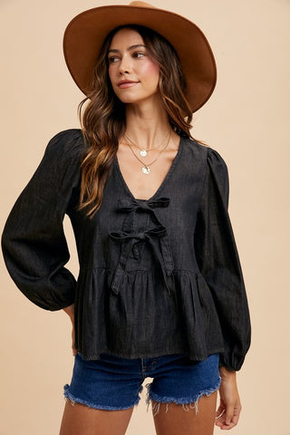 Annie Wear Tie Front Peplum Long Sleeve Denim Top - 1985 the VAULT Boutique